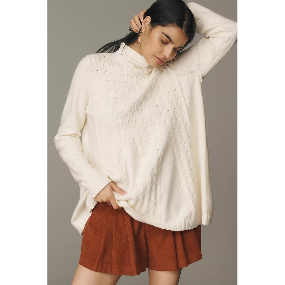NWT Pilcro Anthropologie Cable Knit Long Swing Sweater Mock Neck Ivory L $138 - Picture 2 of 11